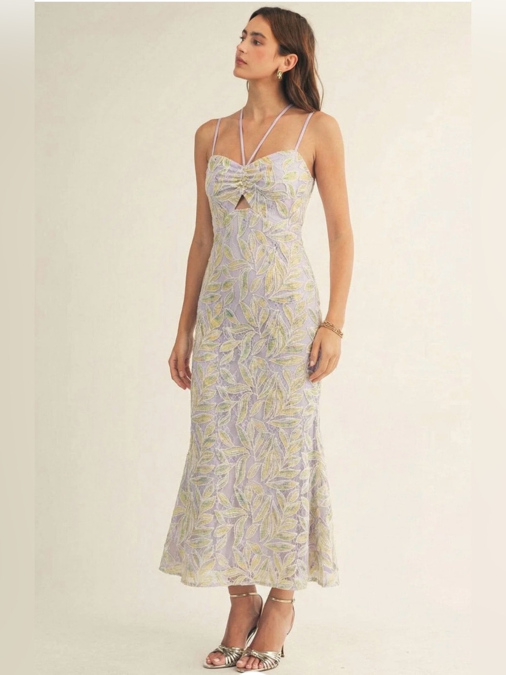Lilac Leaf-Print Spaghetti Strap Midi Dress - Picture 4 of 5
